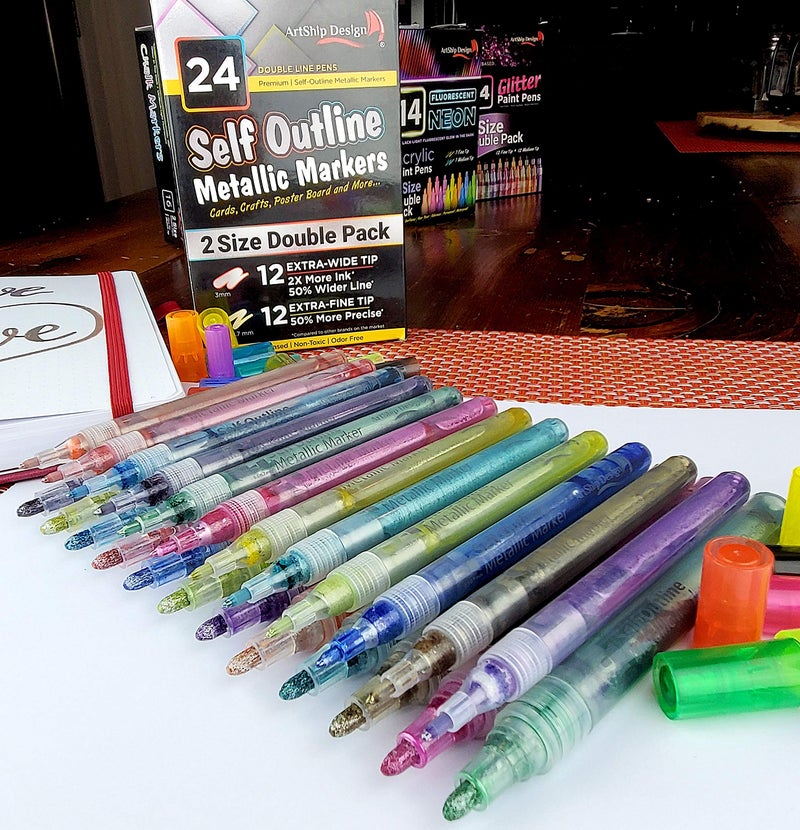 ArtShip Design 24 Self Outline Metallic Markers, Paint Pen Double Pack of Both Extra Fine Tip and Medium Tip, Double Line Markers, Self Outline Paint Pens, Journal Pens, Scrap Booking, Cards, DIY Crafts - Image 2